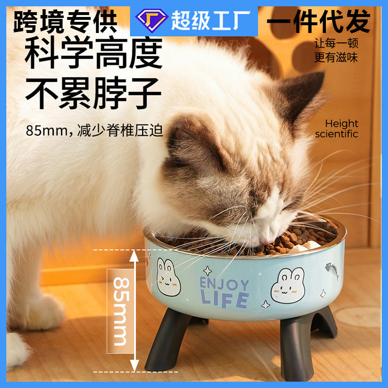 Cat High Bowl Neck Protection Cat Bowl Pet Stainless Steel Bowl Anti-slip Anti-overturning Dog Bowl Dog Food Gown Cross-border New Style