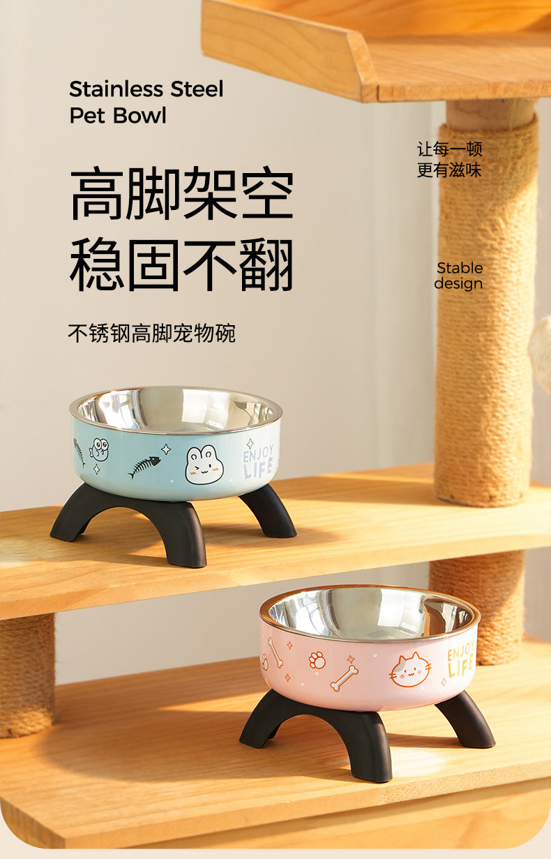 Cat High Bowl Neck Protection Cat Bowl Pet Stainless Steel Bowl Anti-slip Anti-overturning Dog Bowl Dog Food Gown Cross-border New Style