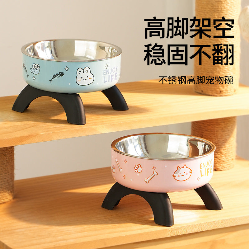 Cat High Bowl Neck Protection Cat Bowl Pet Stainless Steel Bowl Anti-slip Anti-overturning Dog Bowl Dog Food Gown Cross-border New Style