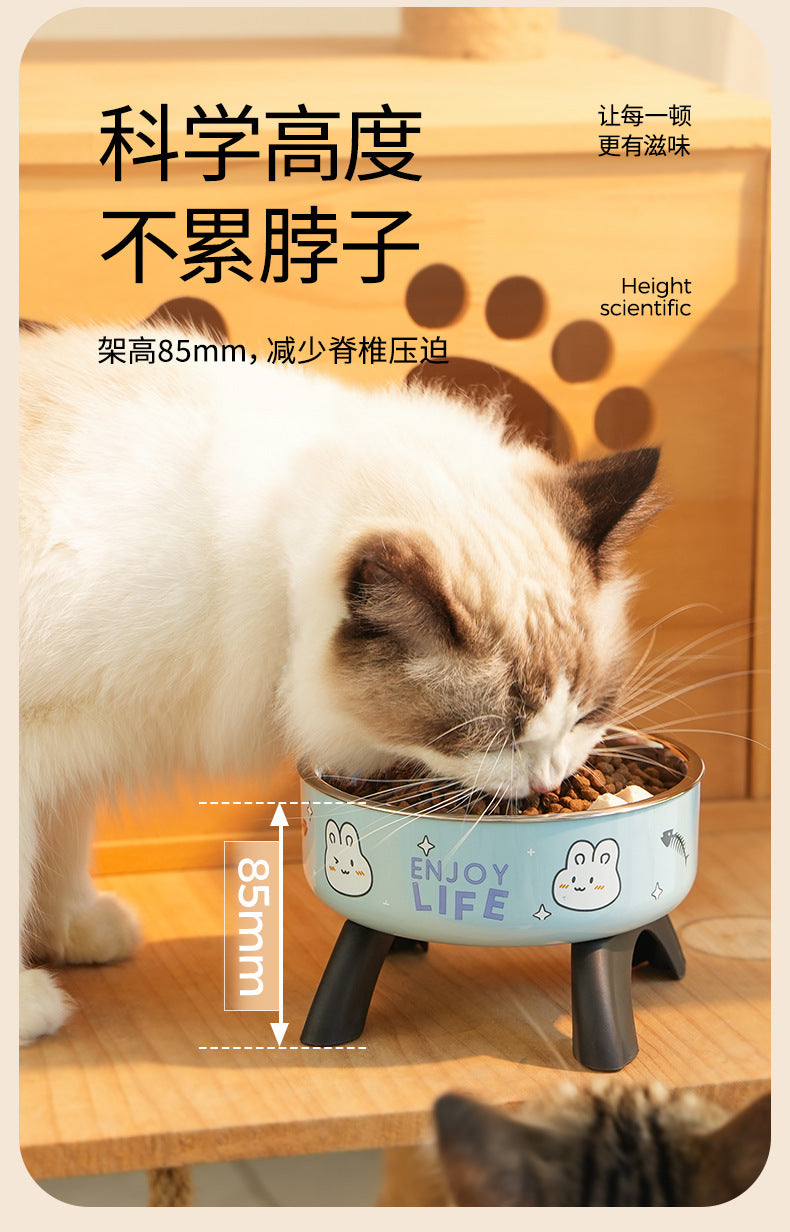 Cat High Bowl Neck Protection Cat Bowl Pet Stainless Steel Bowl Anti-slip Anti-overturning Dog Bowl Dog Food Gown Cross-border New Style