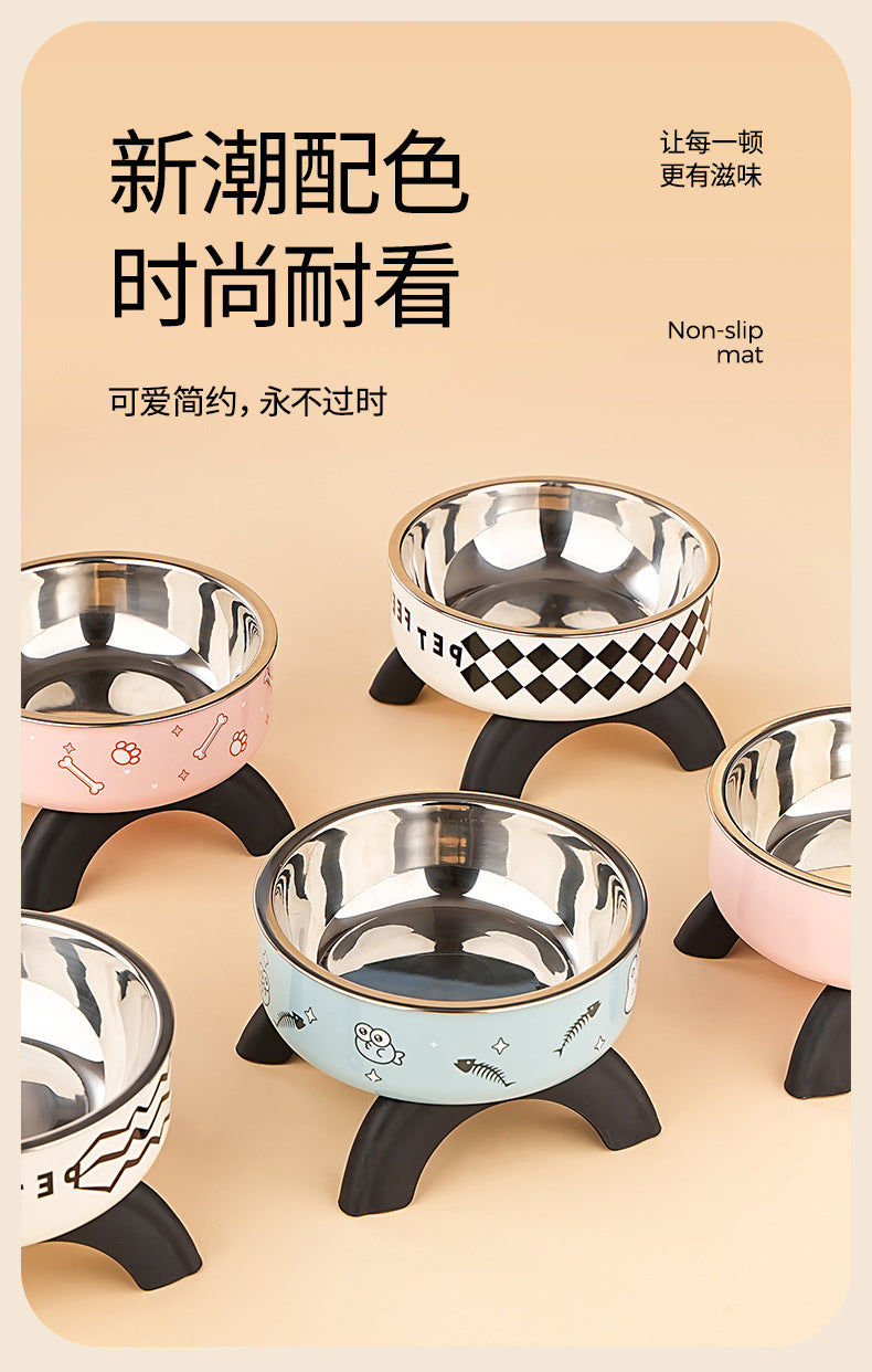 Cat High Bowl Neck Protection Cat Bowl Pet Stainless Steel Bowl Anti-slip Anti-overturning Dog Bowl Dog Food Gown Cross-border New Style